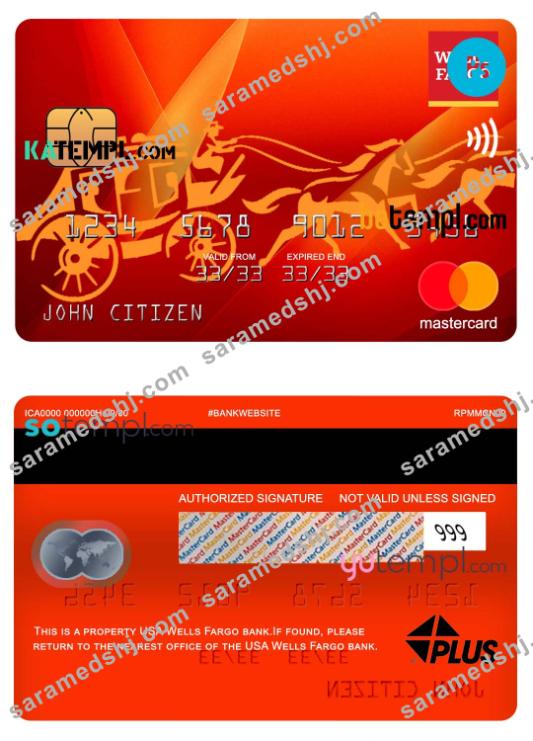 USA Wells Fargo bank mastercard, fully editable template in PSD format